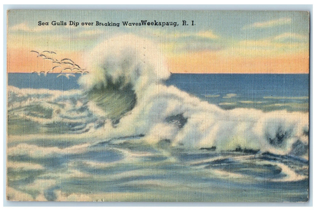 1944 Sea Gulls Dip Over Breaking Waves Weekapaug Rhode Island RI CA Postcard