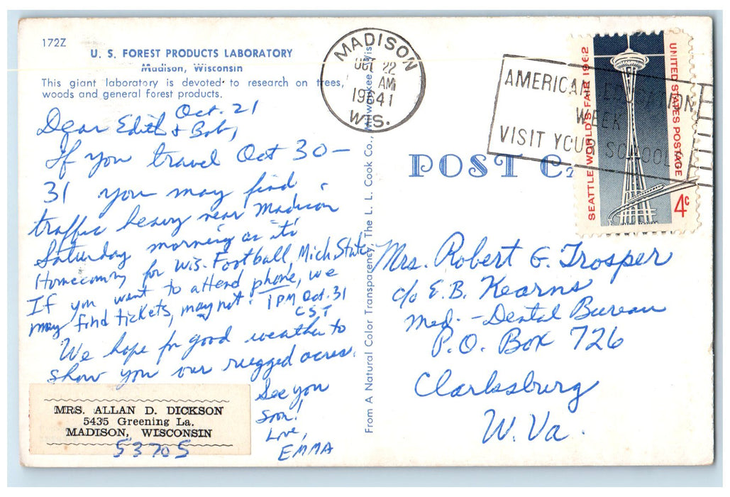 1964 US Forest Products Laboratory Trees Research Building Madison WI Postcard