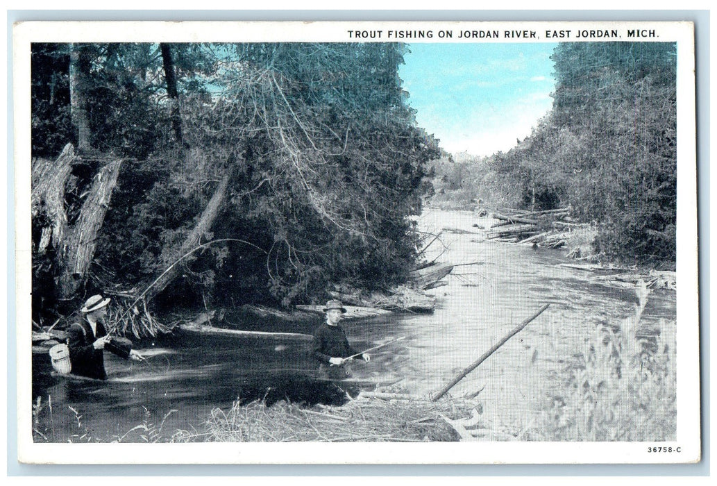 1930 Trout Fishing On Jordan River Scene East Jordan Michigan MI Posted Postcard
