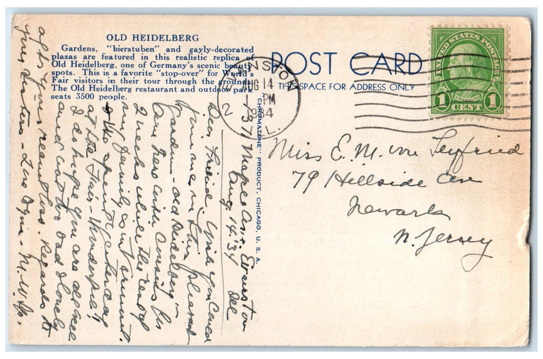 1934 Old Heidelberg Chicago World's Fair Evanston Illinois IL Posted Postcard
