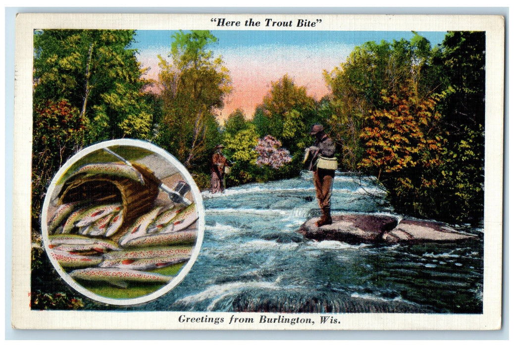 1938 Greetings From Burlington Here The Trout Bite Fishing Wisconsin WI Postcard