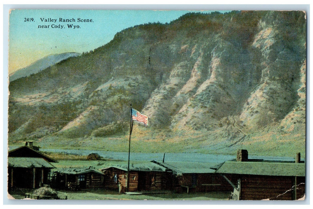 1907 Valley Ranch Scene Cabins And Flag Cody Wyoming WY Posted Posted Postcard
