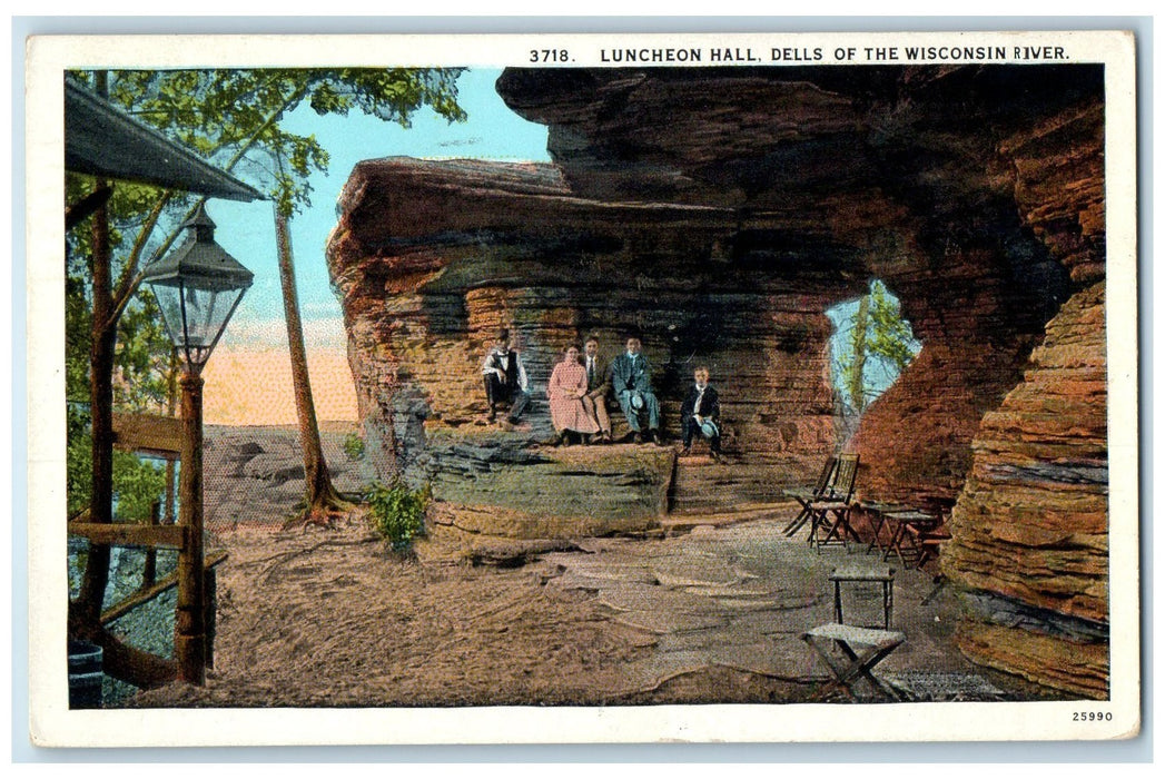1929 Luncheon Hall Rock Formation Family Dells of Wisconsin River WI Postcard