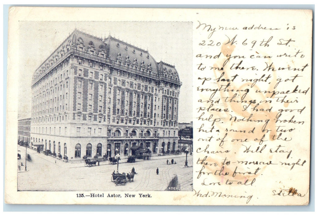 1910 Hotel Astor Exterior Roadside New York City New York NY Carriages Postcard