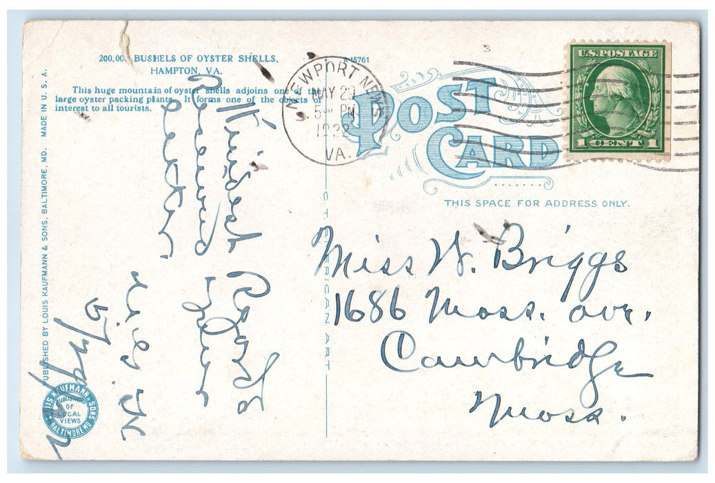 1922 200,000 Bushels Of Oyter Shells packing Plant Hampton Virginia VA Postcard