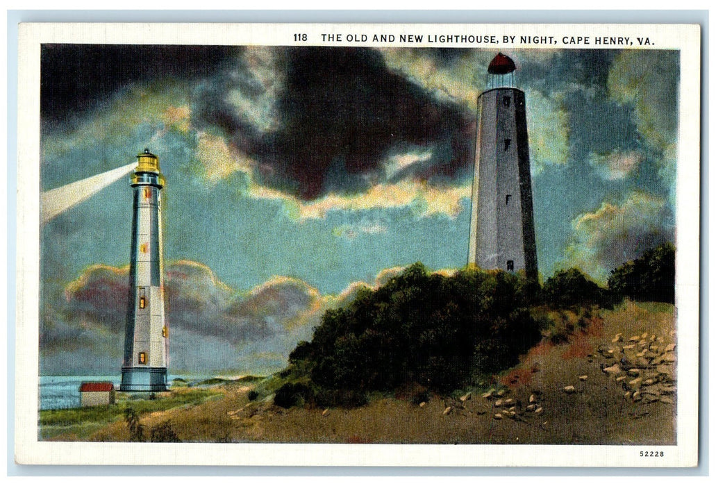 c1940's The Old & New Lighthouse By Night View Cape Henry Virginia VA Postcard