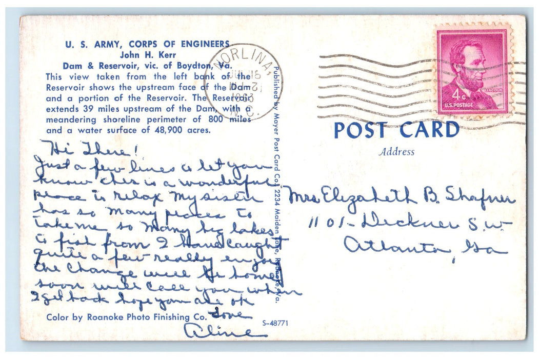 1963 John H. Kerr Dam Lake River From Forest View Boydton Virginia VA Postcard