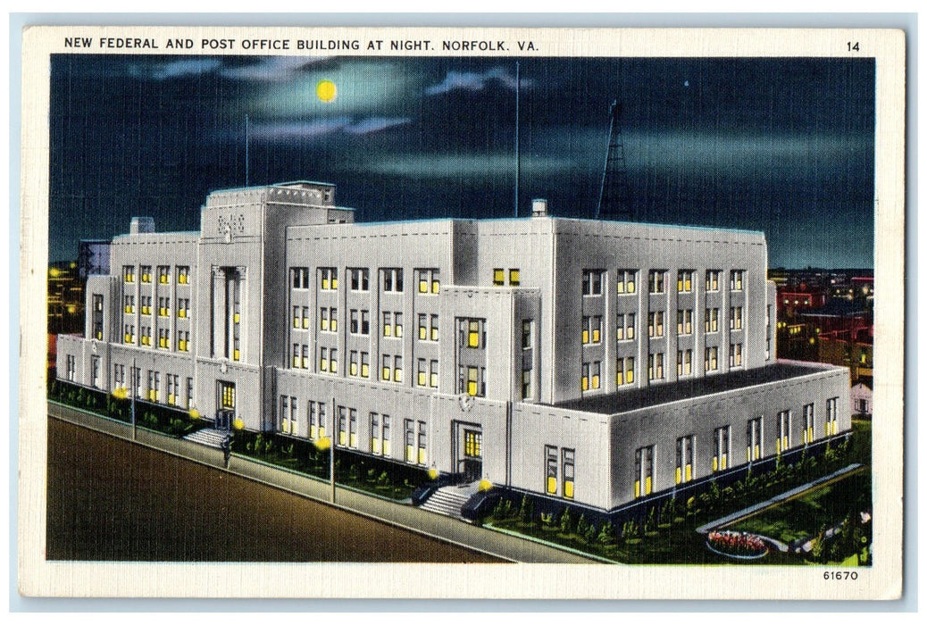 1938 New Federal And Post Office Building At Night Norfolk Virginia VA Postcard