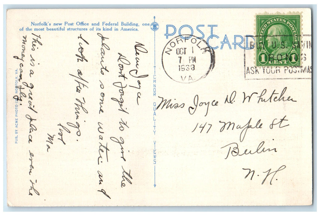 1938 New Federal And Post Office Building At Night Norfolk Virginia VA Postcard