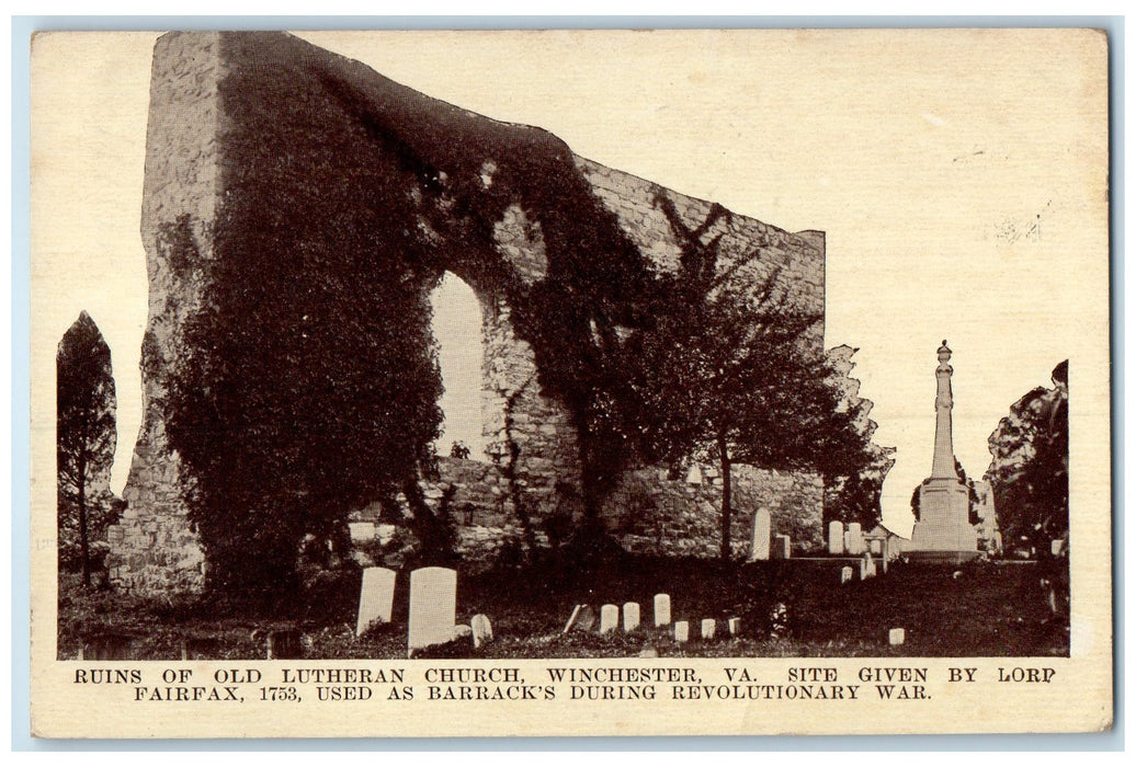 1912 Ruins Of Old Lutheran Church Barracks During War Winchester VA Postcard