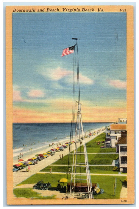 1951 Boardwalk & Beach US Flag Umbrella View Virginia Beach Virginia VA Postcard