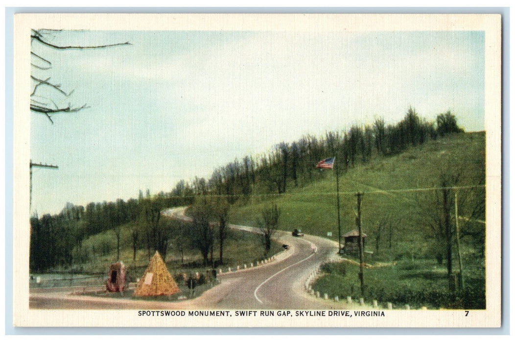 c1940's Spotts Wood Monument Swift Run Gap Skyline Drive Virginia VA Postcard