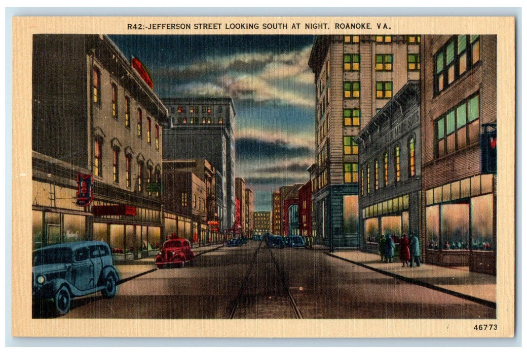 c1940 Jefferson Street At Night Railroad Cars View Roanoke Virginia VA Postcard