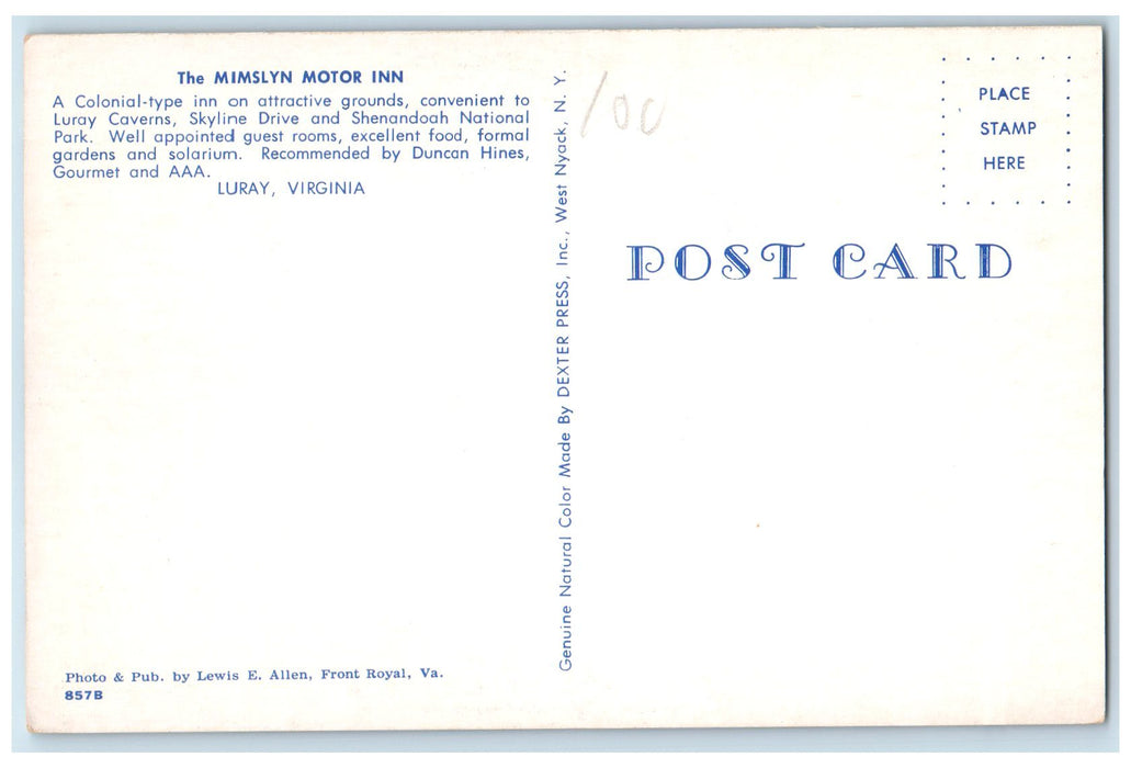c1950 The Mimslyn Motor Inn Restaurant Guests Dining Luray Virginia VA Postcard