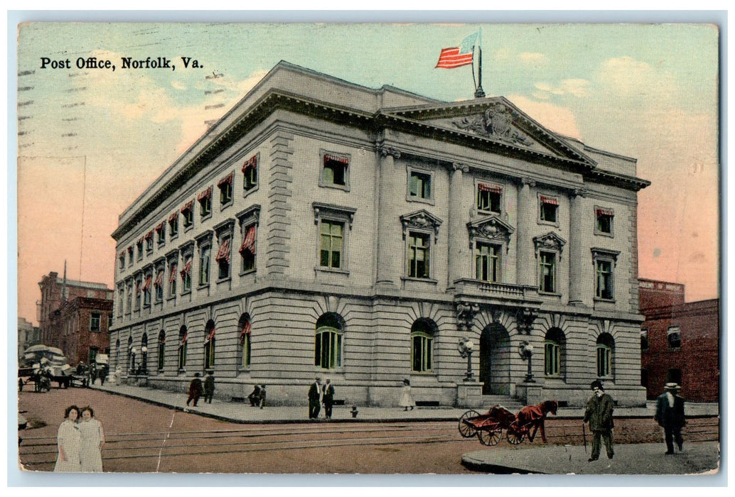 1914 Post Office Building Railroad Horse Buggy View Norfolk Virginia VA Postcard