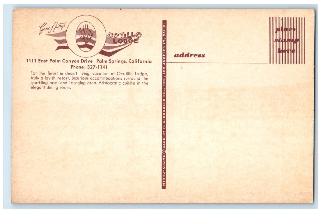c1960s Gene Autry's Cotillo Lodge Palm Springs Motel Hotel CA Vintage Postcard