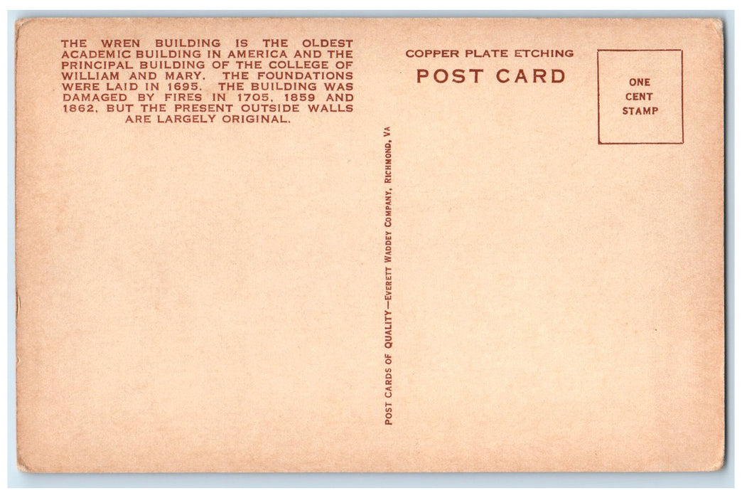 c1920 Wren College Oldest Building William & Mary View Williamsburg VA Postcard