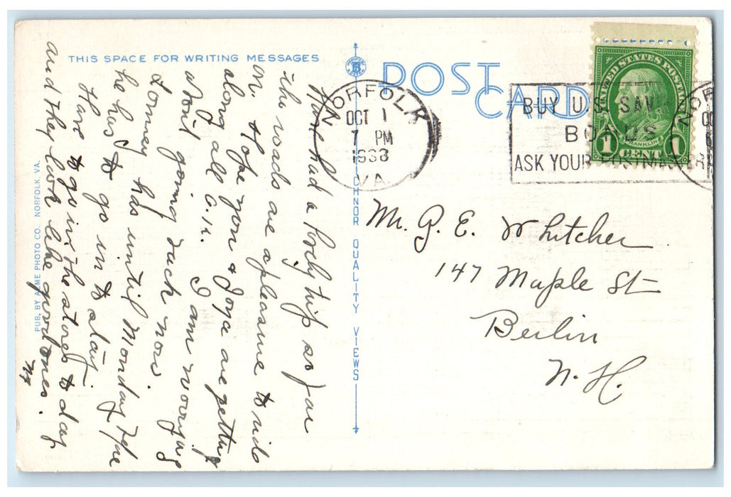 1938 United States Marine Hospital Exterior Norfolk Virginia VA Posted Postcard