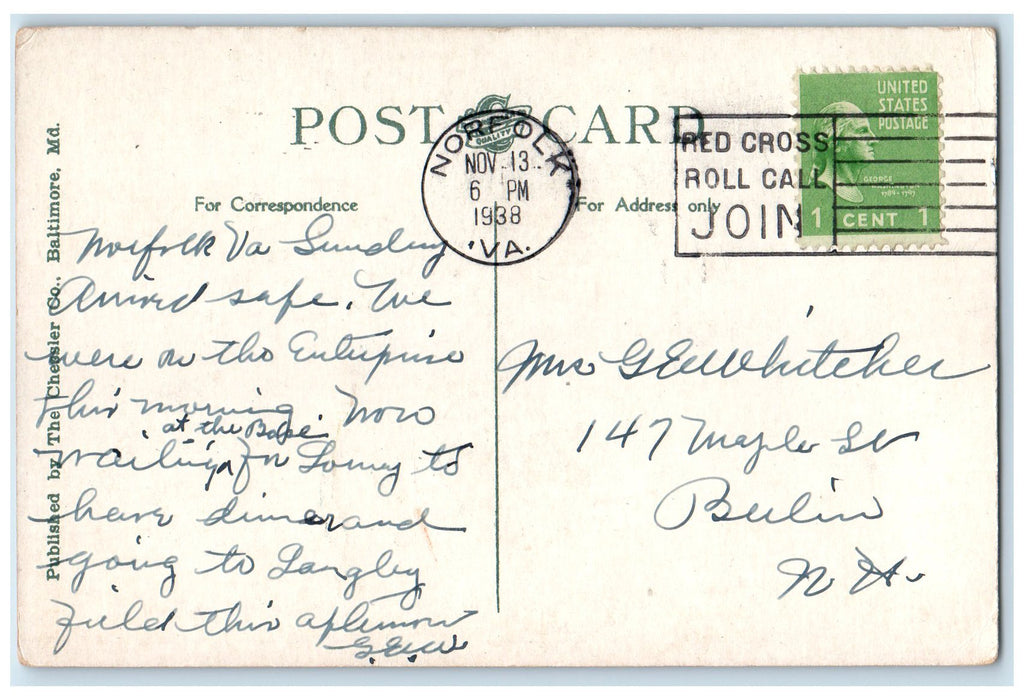 1938 View Of Lower Harbor Berkley And Portsmouth Norfolk VA Posted Boat Postcard