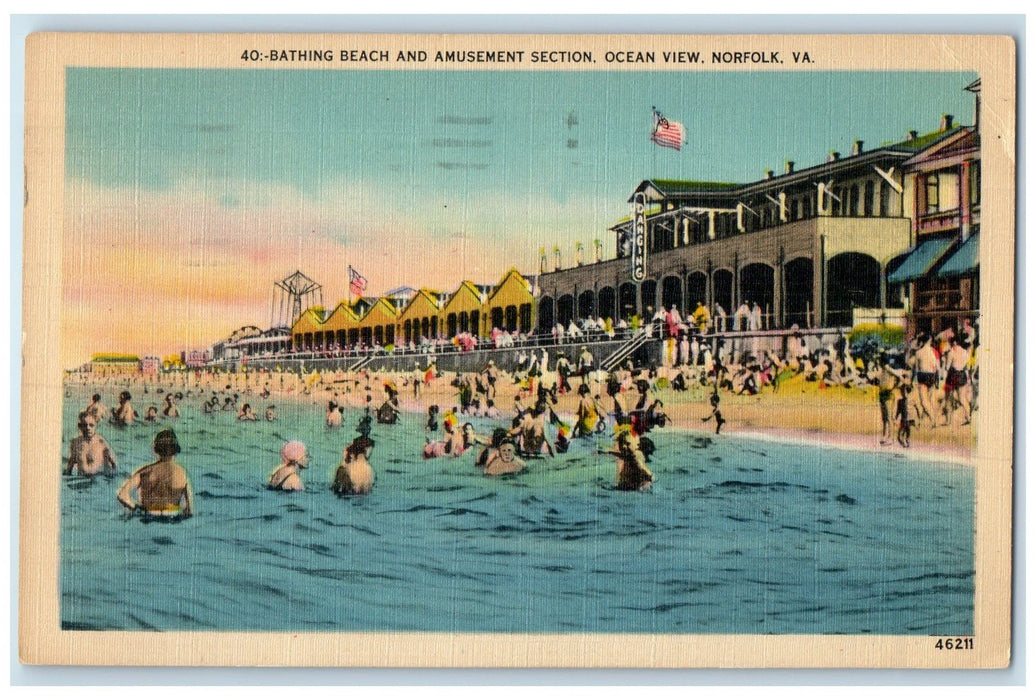 1938 Bathing Beach And Amusement Section Ocean View Norfolk Virginia VA Postcard