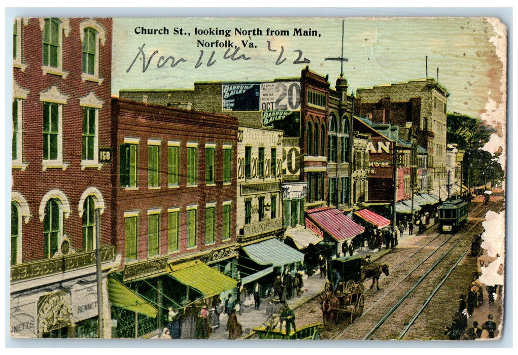 1912 Church Street Looking North From Main Norfolk Virginia VA Shops Postcard
