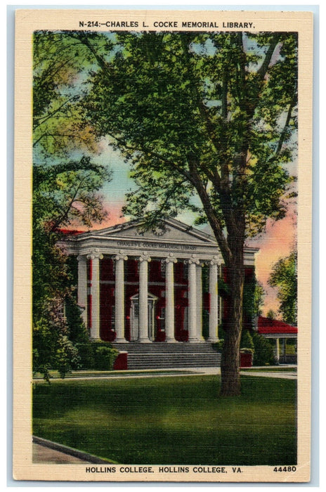 c1940's Hollins College Cocke Memorial Library Hollins College VA Trees Postcard