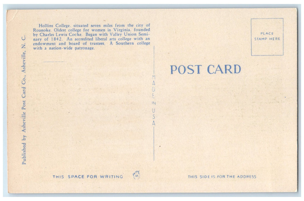 c1940's Hollins College Cocke Memorial Library Hollins College VA Trees Postcard