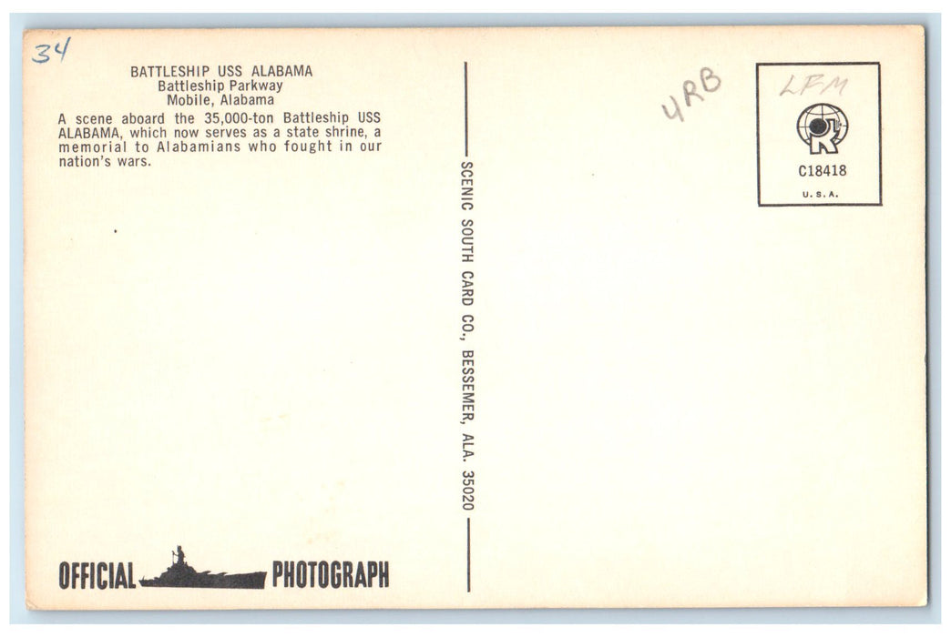 c1960's Scene Aboard Battleship USS Alabama Mobile Alabama AL Unposted Postcard