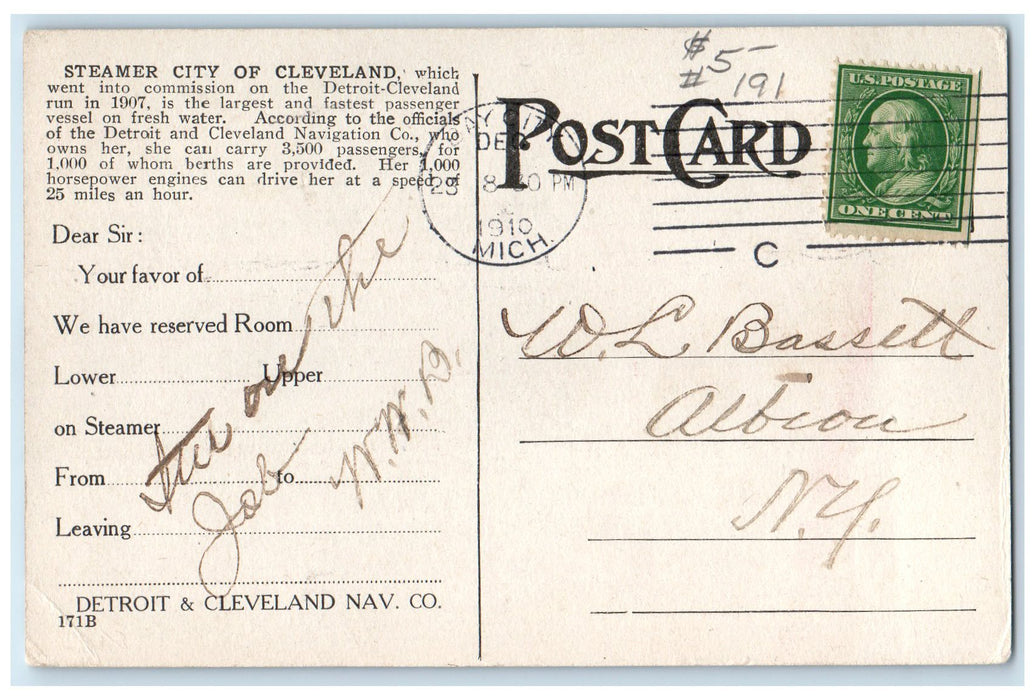 1910 Steamer City Of Cleveland D. & C. Line Bay City Michigan MI Posted Postcard