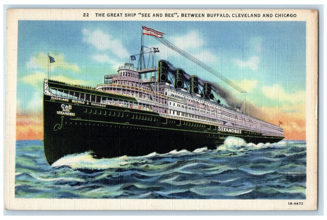 1936 The Great Ship See And Bee Between Buffalo Cleveland Chicago IL Postcard