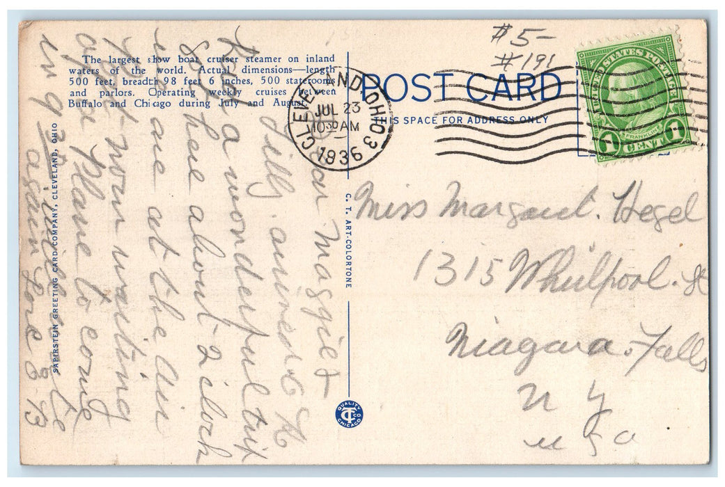 1936 The Great Ship See And Bee Between Buffalo Cleveland Chicago IL Postcard