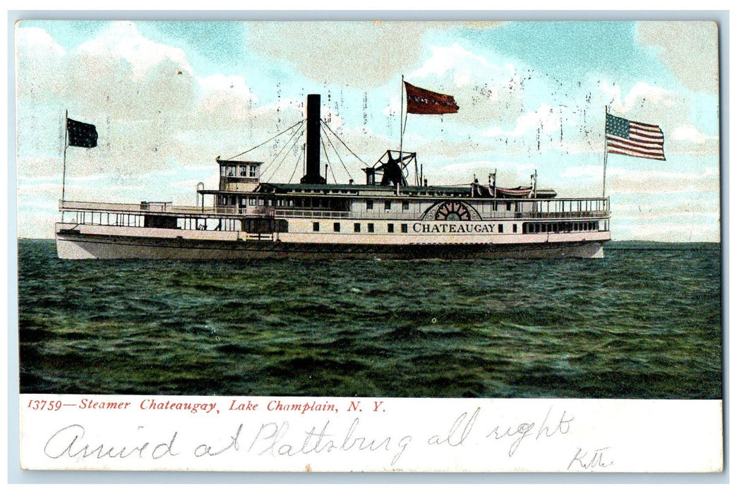 1905 Steamer Chateaugay Trees Lake Champlain Whitehall New York NY Flag Postcard