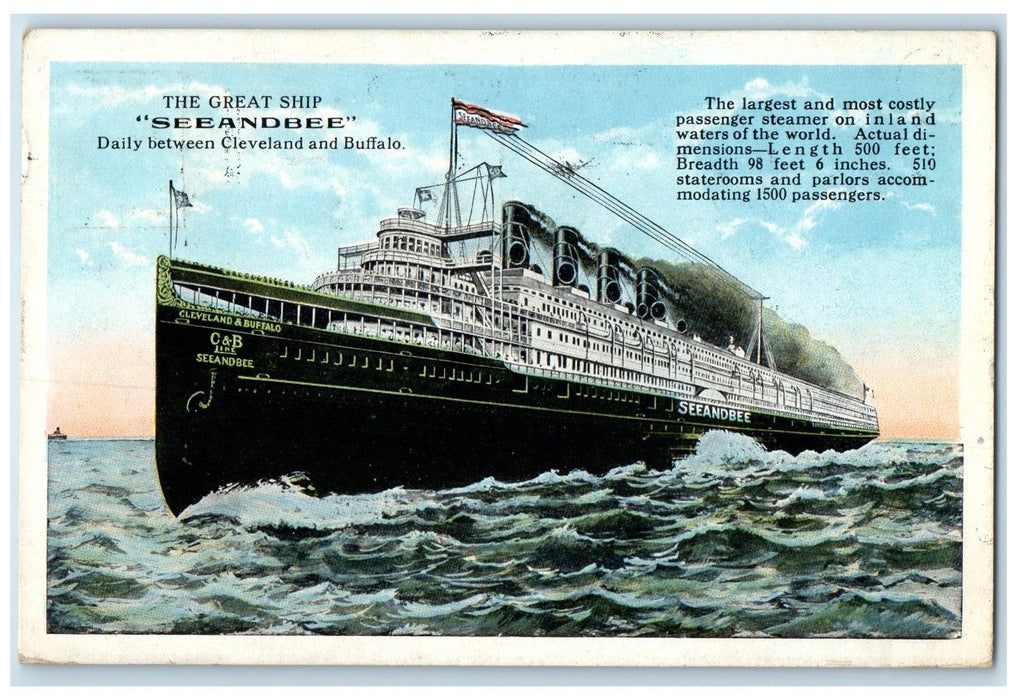 1940 The Great Ship Seeandbee Largest Passenger Steamer View Buffalo NY Postcard