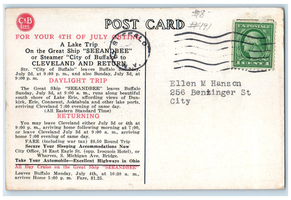 1940 The Great Ship Seeandbee Largest Passenger Steamer View Buffalo NY Postcard