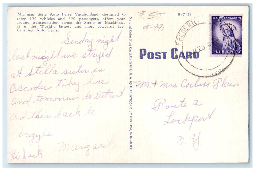 1952 State Auto Ferry Vacationland View Straits Of Mackinaw Michigan MI Postcard