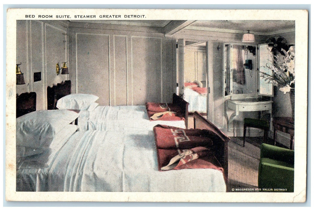 1943 Bed Room Suite Scene Steamer Greater Detroit Detroit Michigan MI Postcard