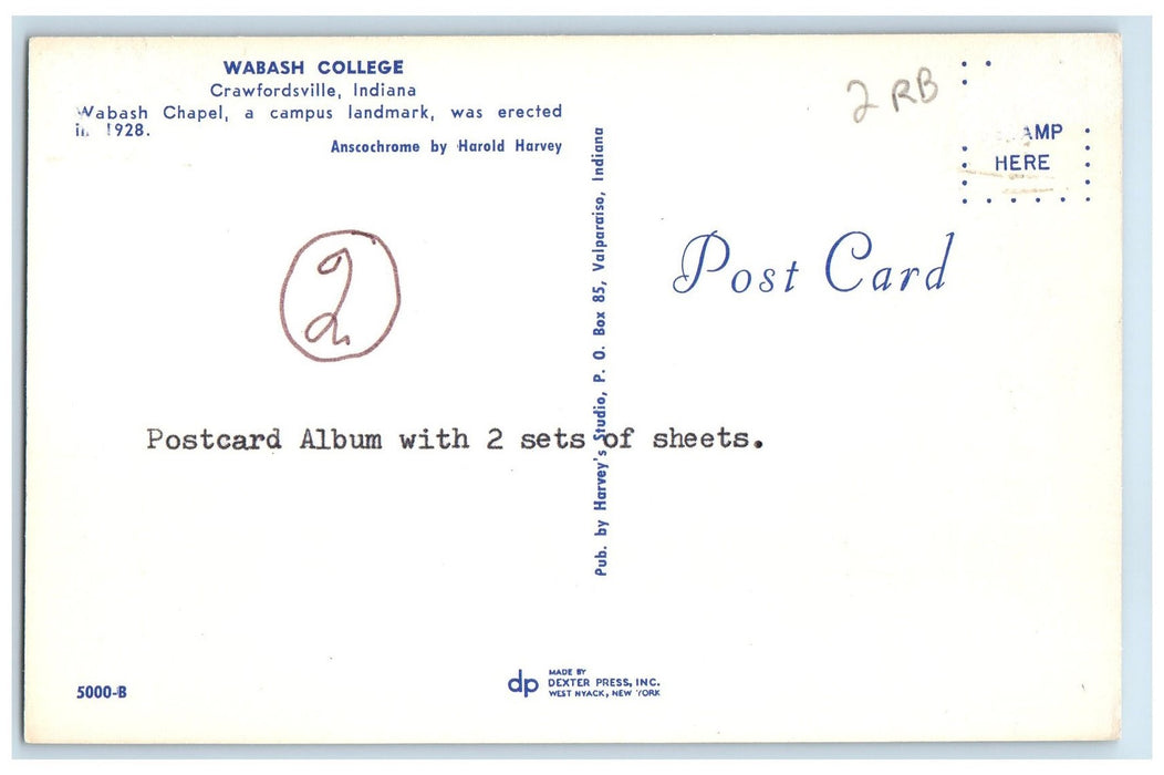 c1960's Wabash College Erected 1928 Exterior Crawfordsville Indiana IN Postcard