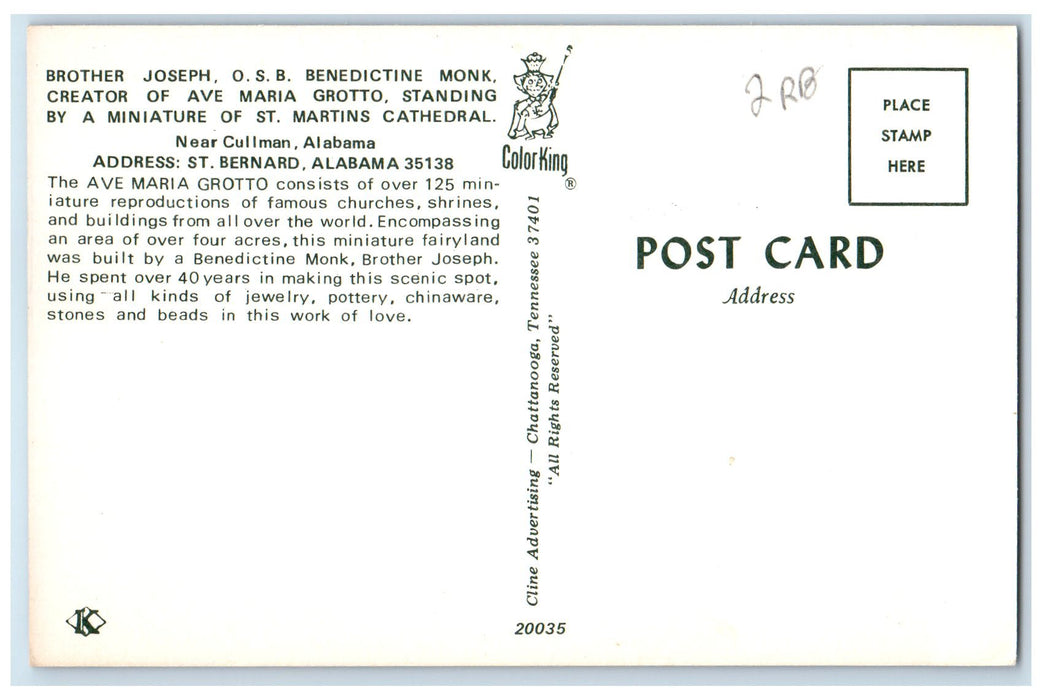 c1960's Brother Joseph OSB Benedictive Monk Mini Cathedral Cullman AL Postcard