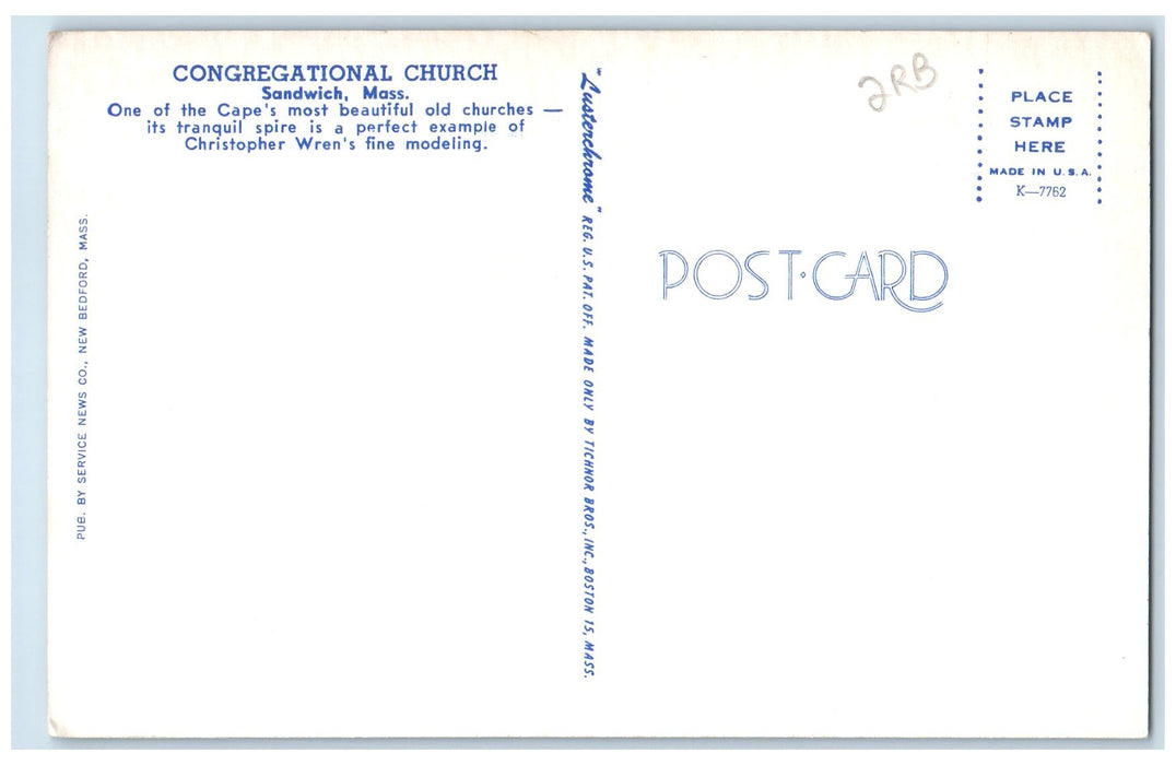 c1960's Congregational Church Exterior Sandwich Massachusetts MA Trees Postcard