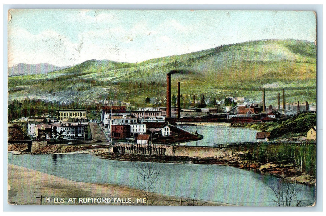 1915 Mills Buildings Pond Dirt Road View Rumford Falls Maine ME Posted Postcard