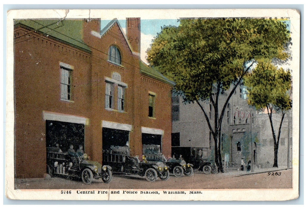 1922 Central Fire & Police Station Fire Trucks Waltham Massachusetts MA Postcard