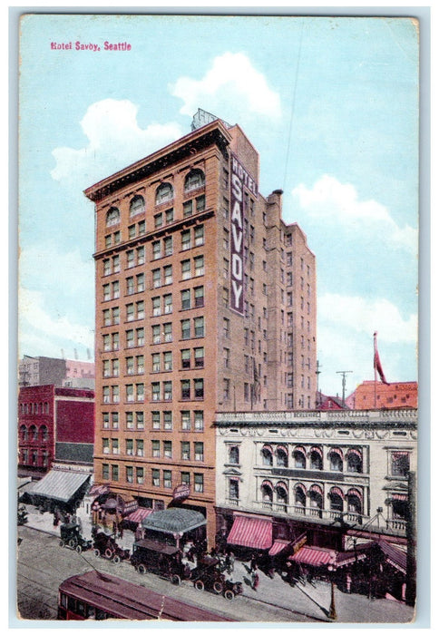 1915 Hotel Savoy & Restaurant Classic Car Railway Seattle Washington WA Postcard