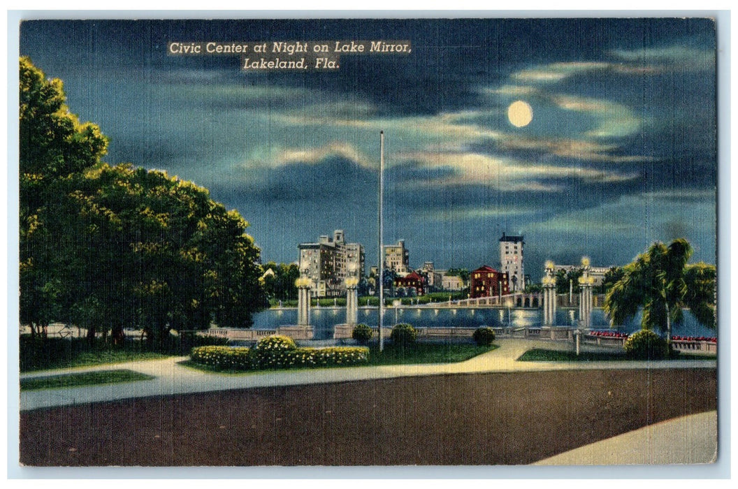 c1940's Civic Center At Night On Lake Mirror Lakeland Florida FL Moon Postcard