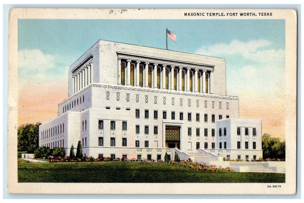 1933 Masonic Temple Building US Flag Door Entrance Forth Worth Texas TX Postcard
