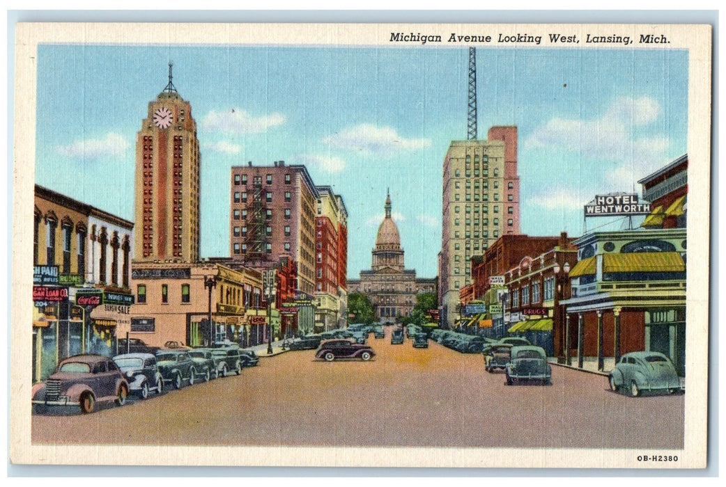 c1940's Michigan Avenue Looking West Lansing Michigan MI Unposted Cars Postcard