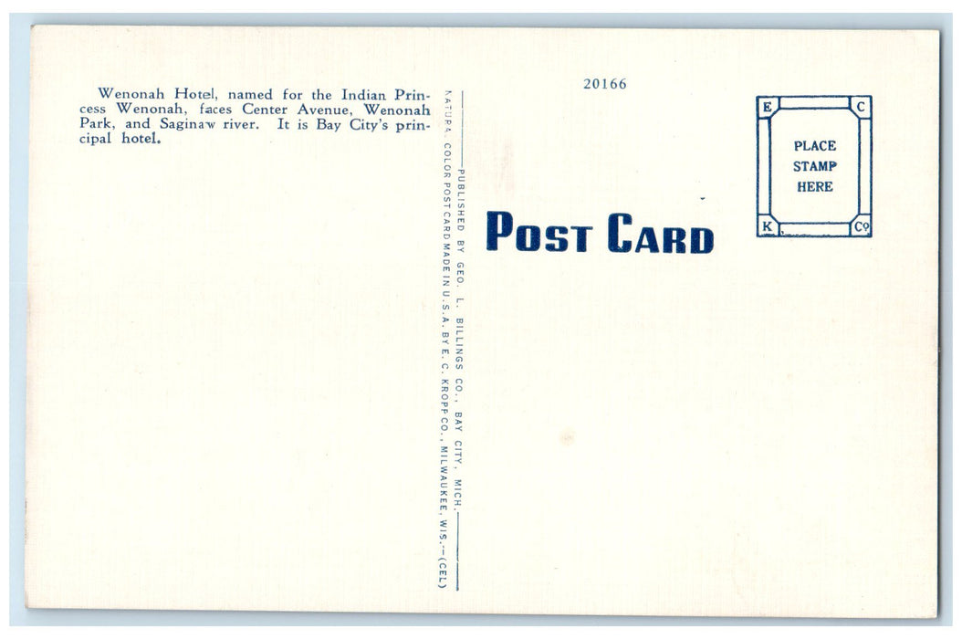 c1940's Wenonah Hotel Exterior Bay City Michigan MI Unposted Flowers Postcard