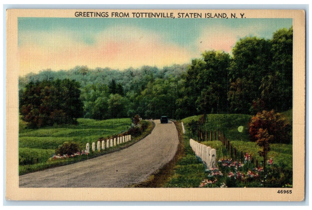 c1940s Greetings From Tottenville Staten Island NY Country Road Flowers Postcard