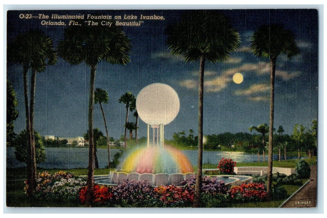 c1940 Illuminated Fountain On Lake Ivanhoe At Night Orlando Florida FL Postcard