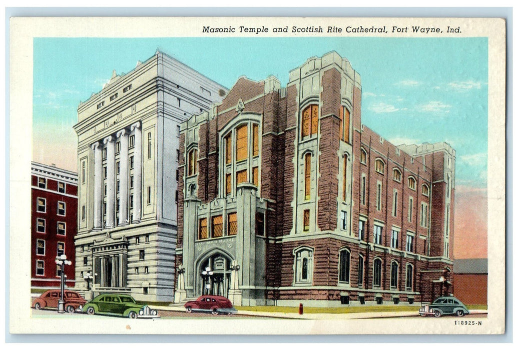 c1940's Masonic Temple And Scottish Rite Cathedral Fort Wayne IN Cars Postcard