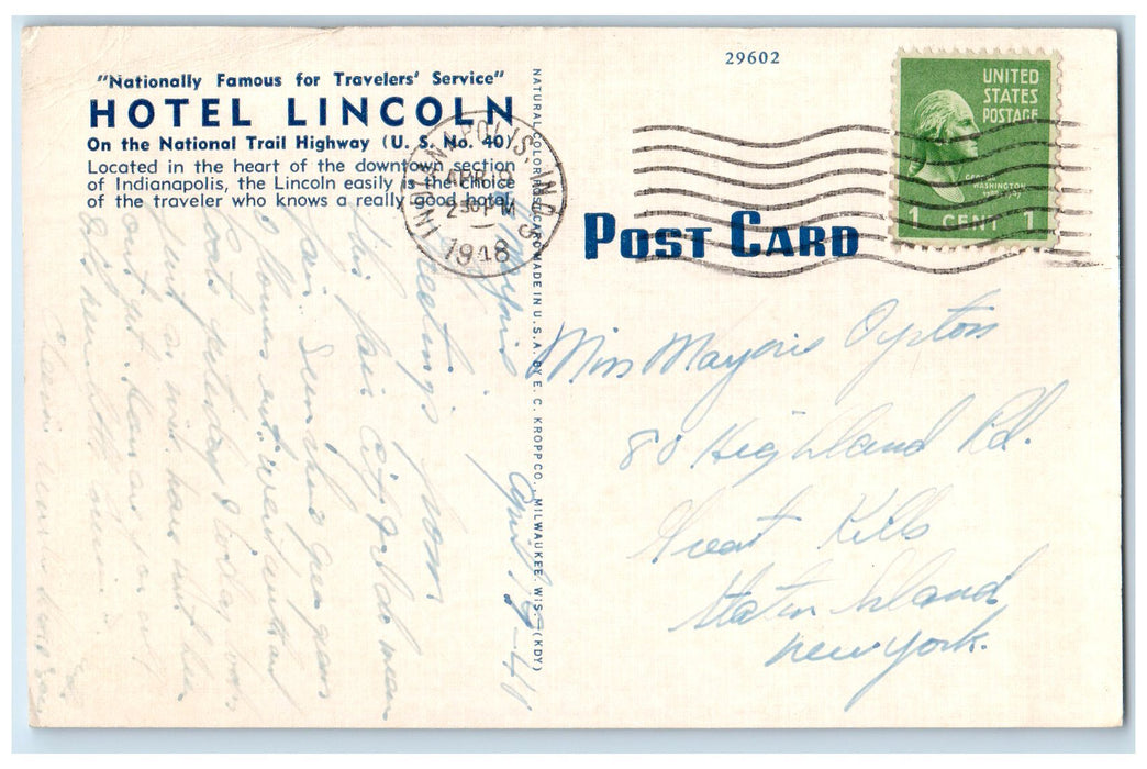 1948 Downtown Indianapolis Hotel Lincoln Exterior Indianapolis IN Cars Postcard